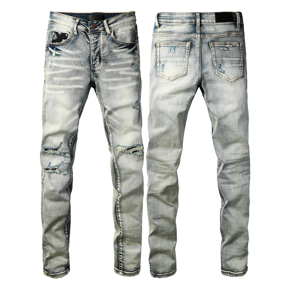 Men's Light Wash Skinny Jeans with Ripped Details and Bandana Pocket Accent 8929