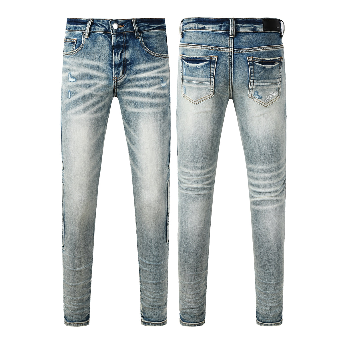 Men's Light Blue Slim-Fit Jeans with Washed Finish and Subtle Distressed Details 8930