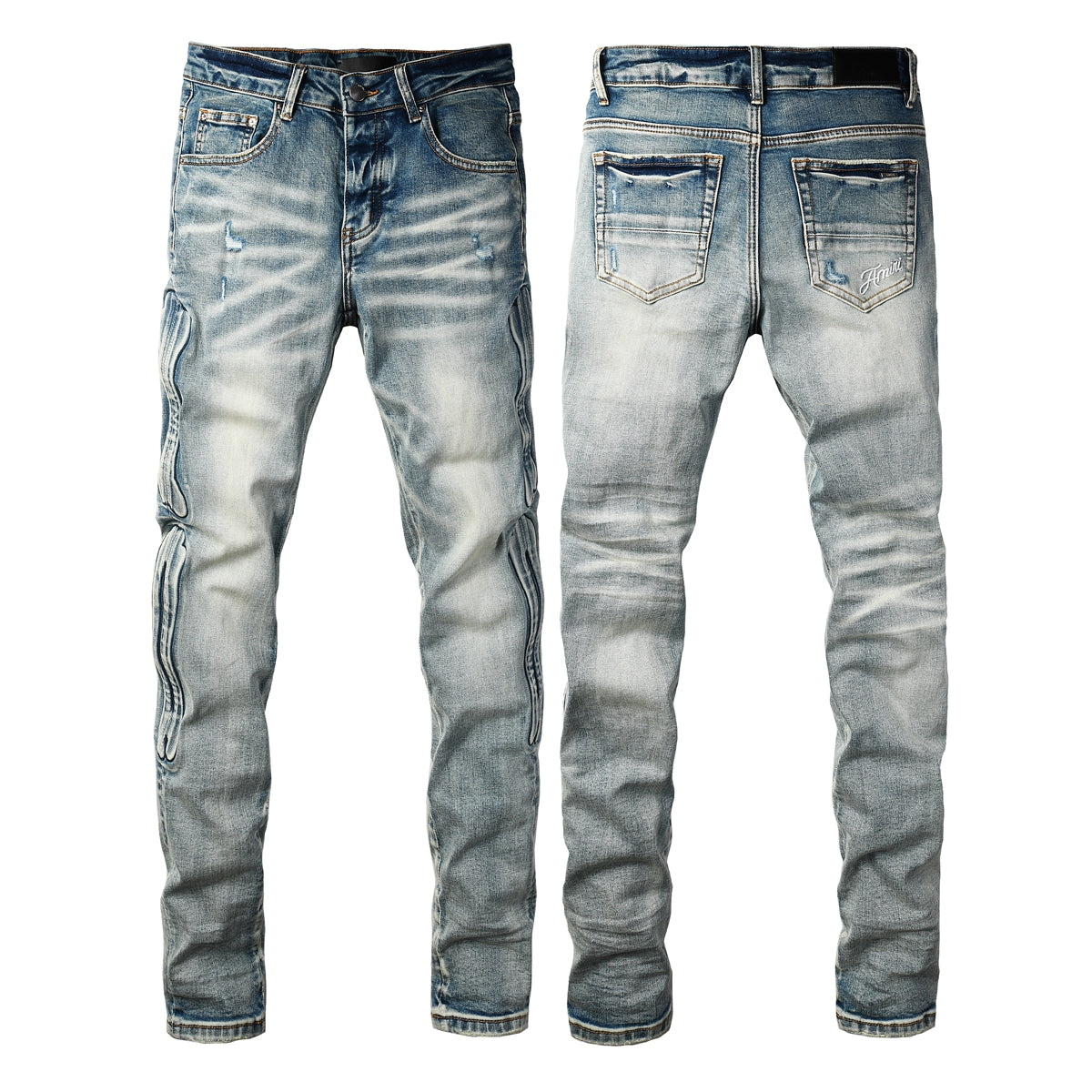 Men's Light Blue Slim-Fit Jeans with Washed Finish and Subtle Distressed Details 8930
