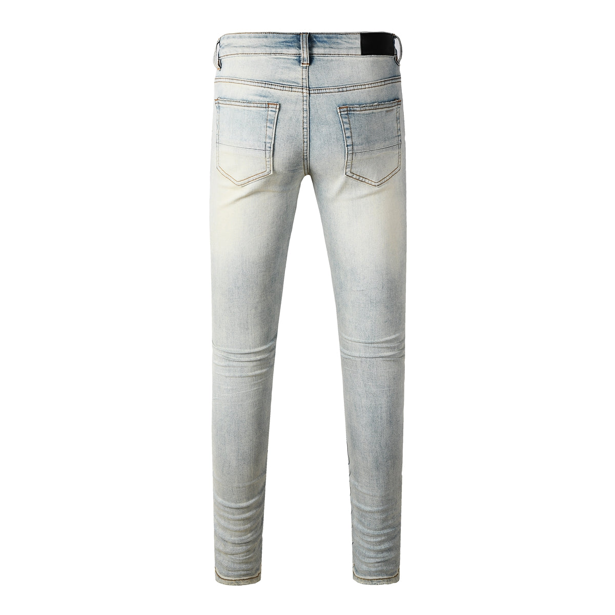 Men's Light Blue Ripped Skinny Jeans with Red Patch Detailing Urban Streetwear Denim 8932