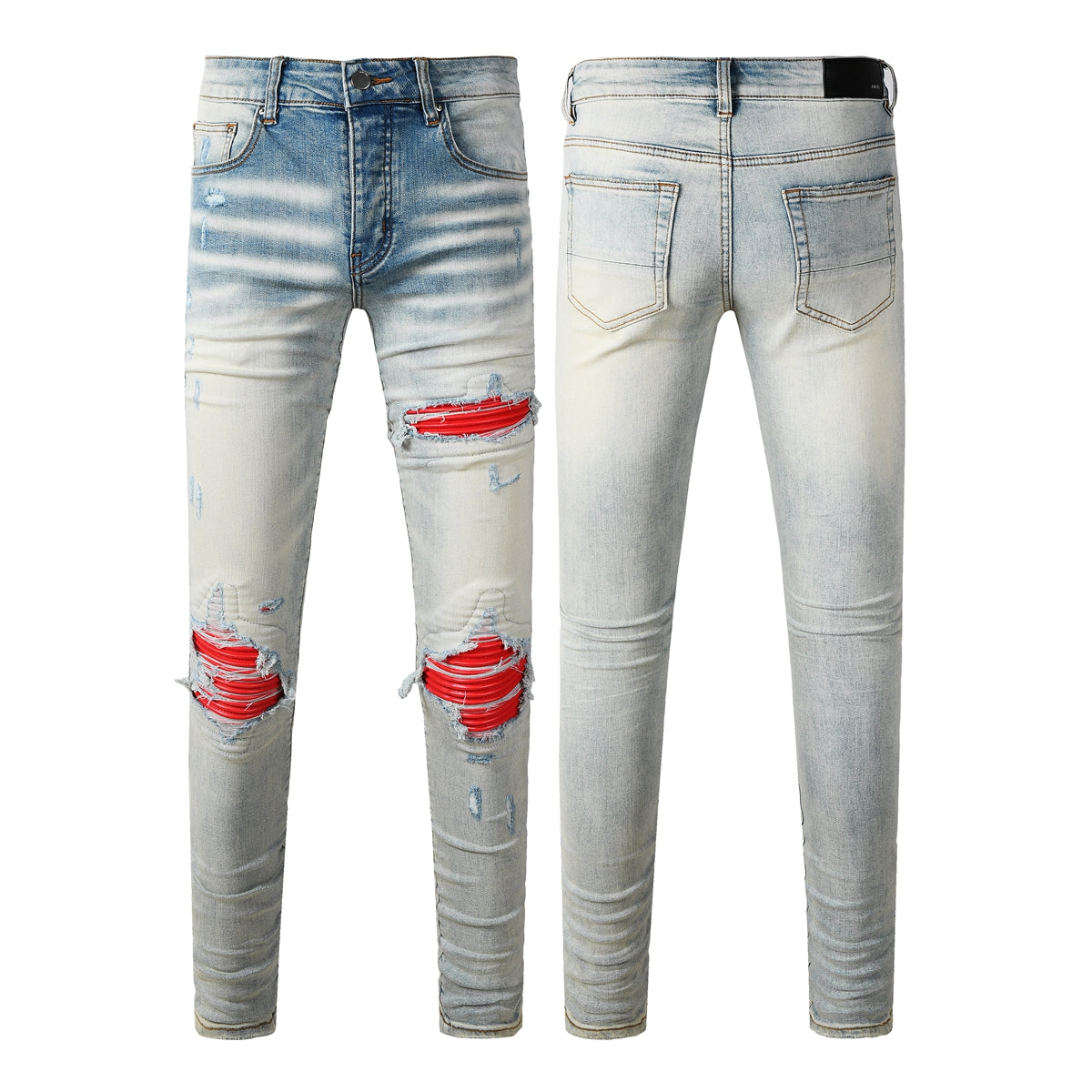 Men's Light Blue Ripped Skinny Jeans with Red Patch Detailing Urban Streetwear Denim 8932