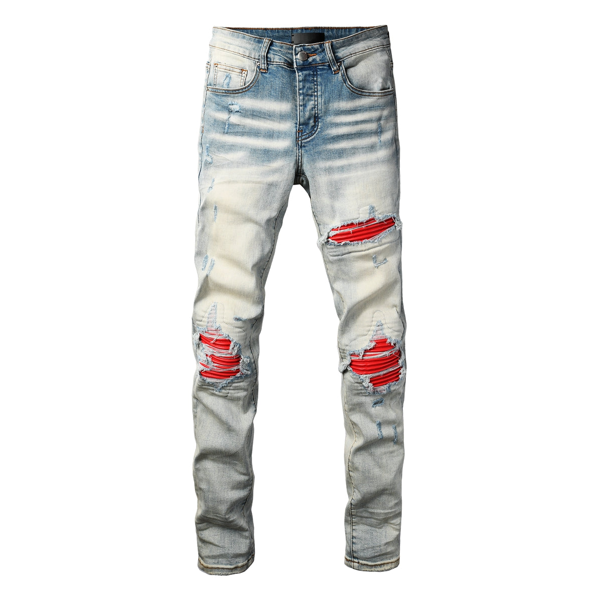 Men's Light Blue Ripped Skinny Jeans with Red Patch Detailing Urban Streetwear Denim 8932