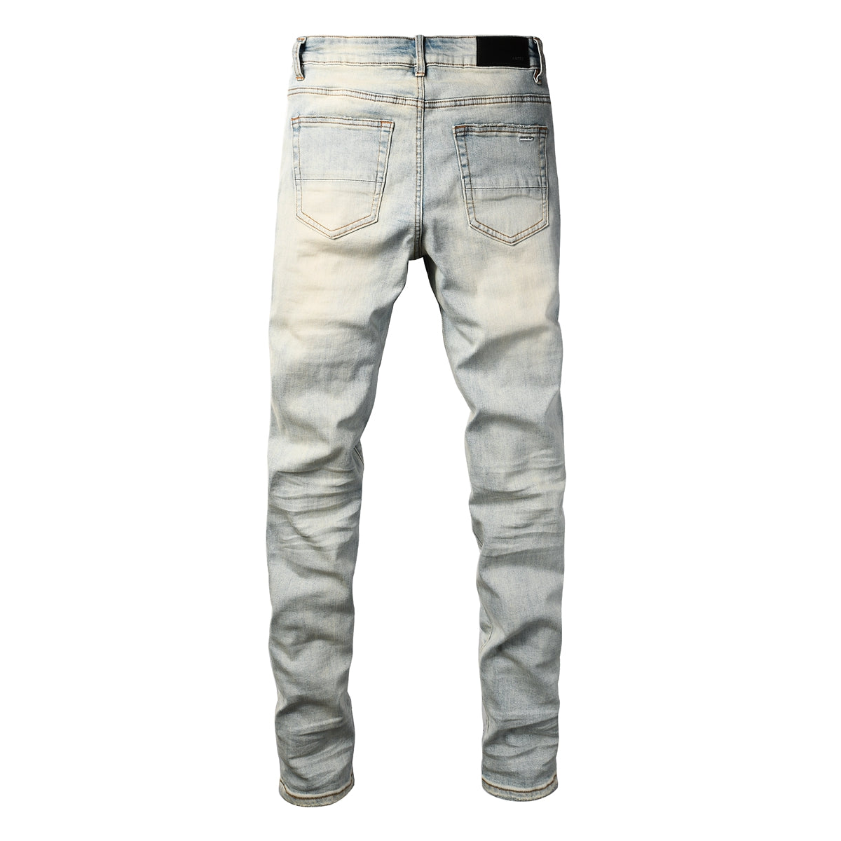 Men's Light Blue Ripped Skinny Jeans with Red Patch Detailing Urban Streetwear Denim 8932