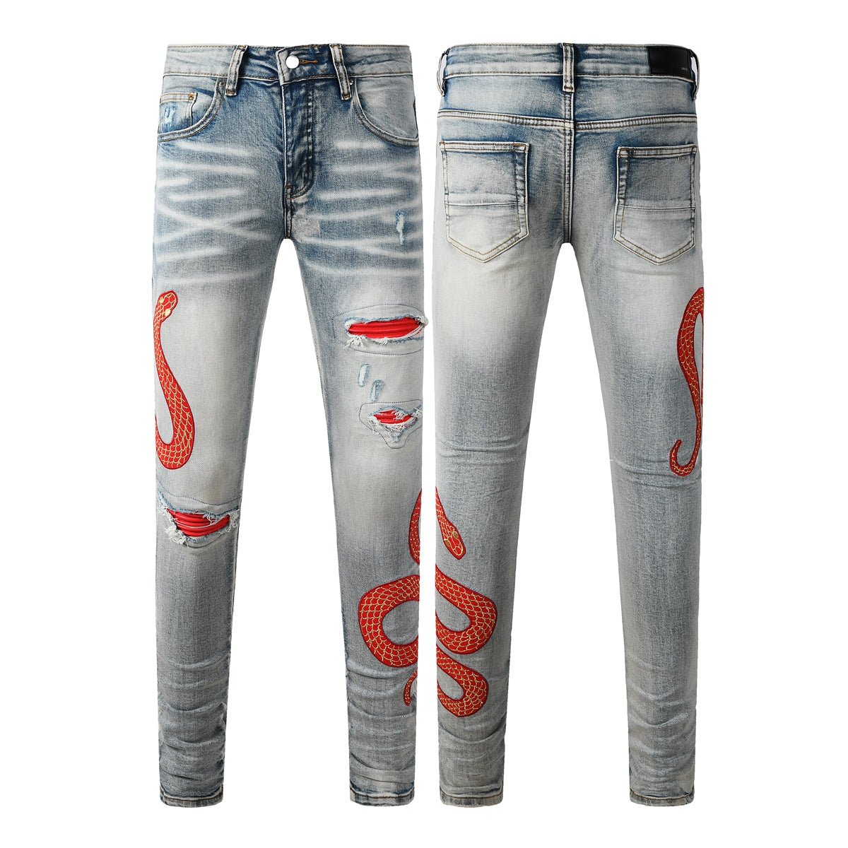 Men’s Light Wash Skinny Jeans with Red Snake Embroidery and Distressed Rips 8933