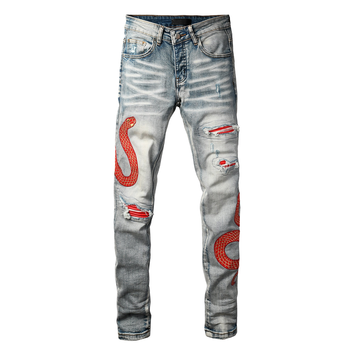 Men’s Light Wash Skinny Jeans with Red Snake Embroidery and Distressed Rips 8933