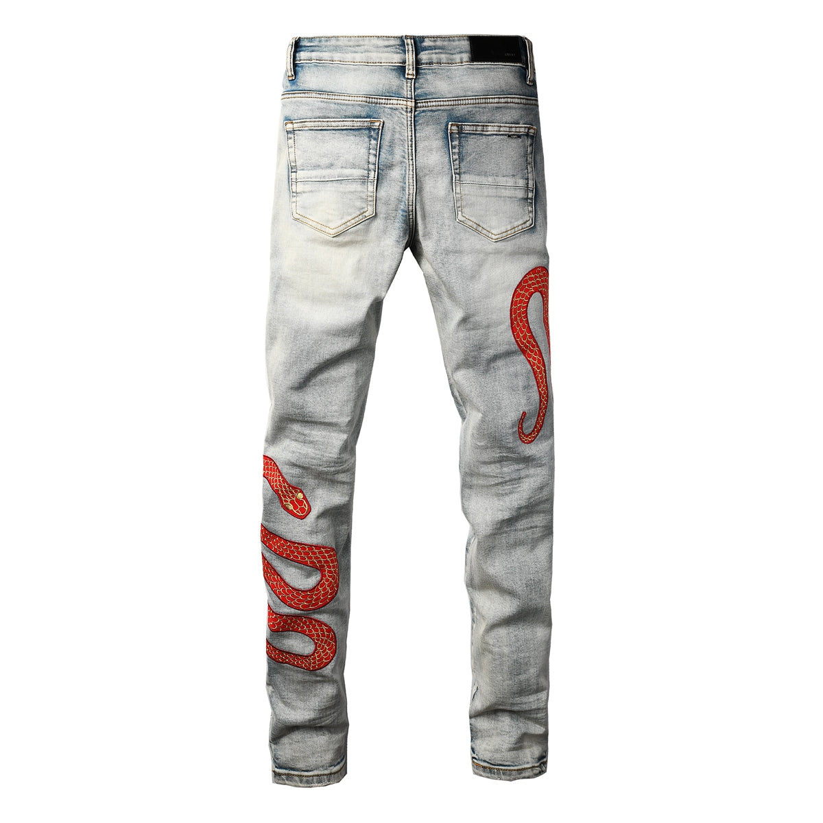 Men’s Light Wash Skinny Jeans with Red Snake Embroidery and Distressed Rips 8933