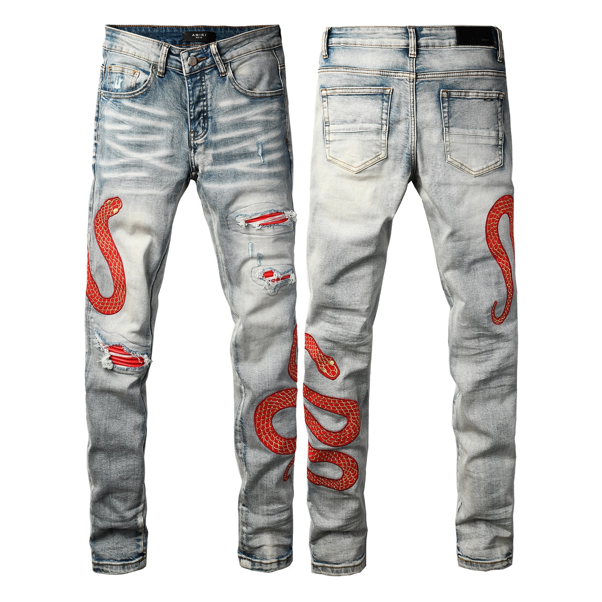 Men’s Light Wash Skinny Jeans with Red Snake Embroidery and Distressed Rips 8933