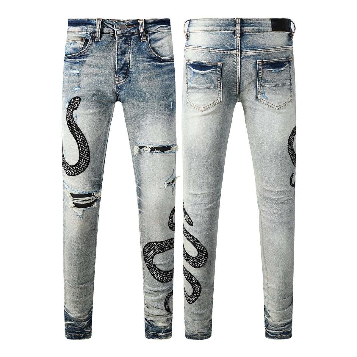 Men’s Light Wash Skinny Jeans with Black Snake Embroidery and Distressed Rips 8934