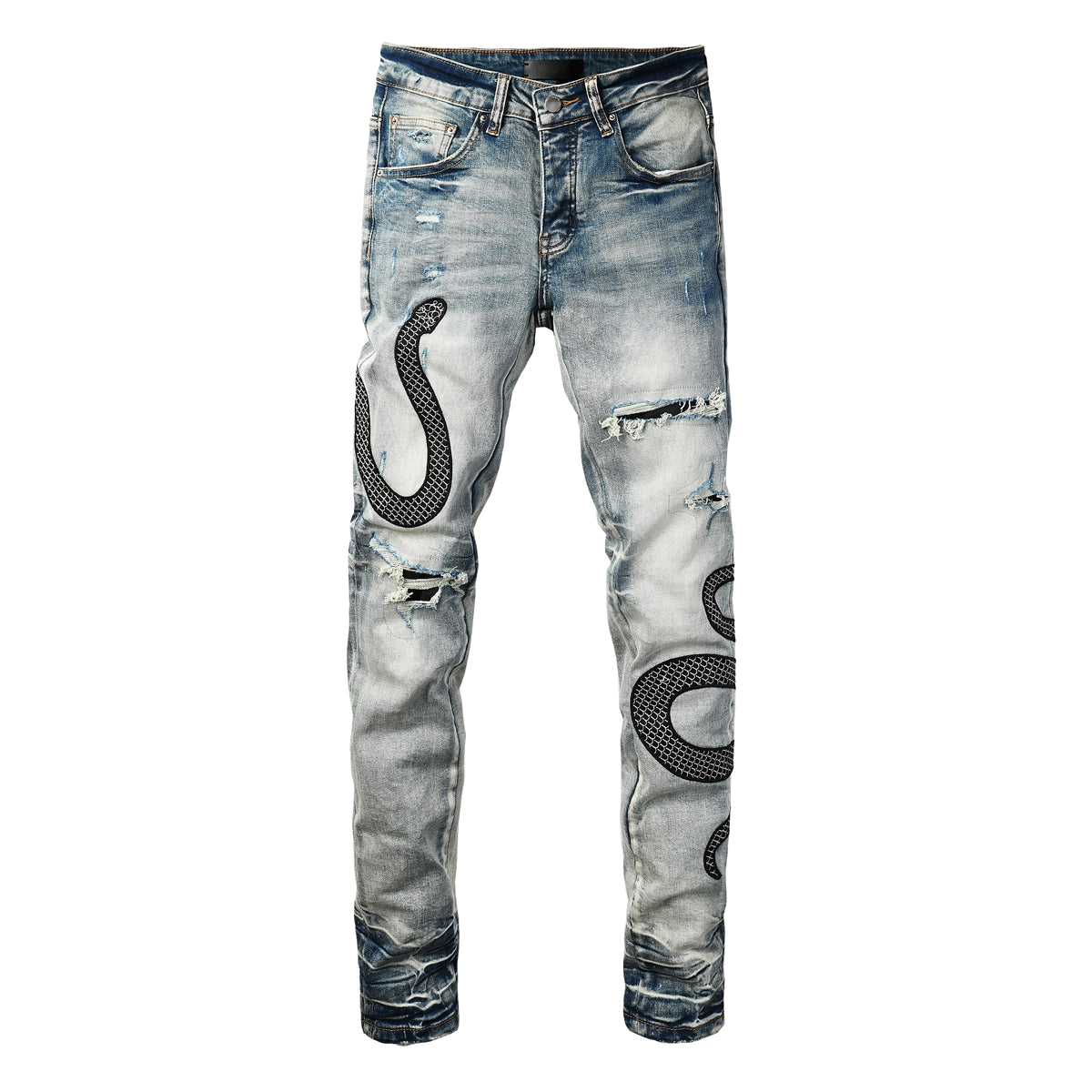 Men’s Light Wash Skinny Jeans with Black Snake Embroidery and Distressed Rips 8934