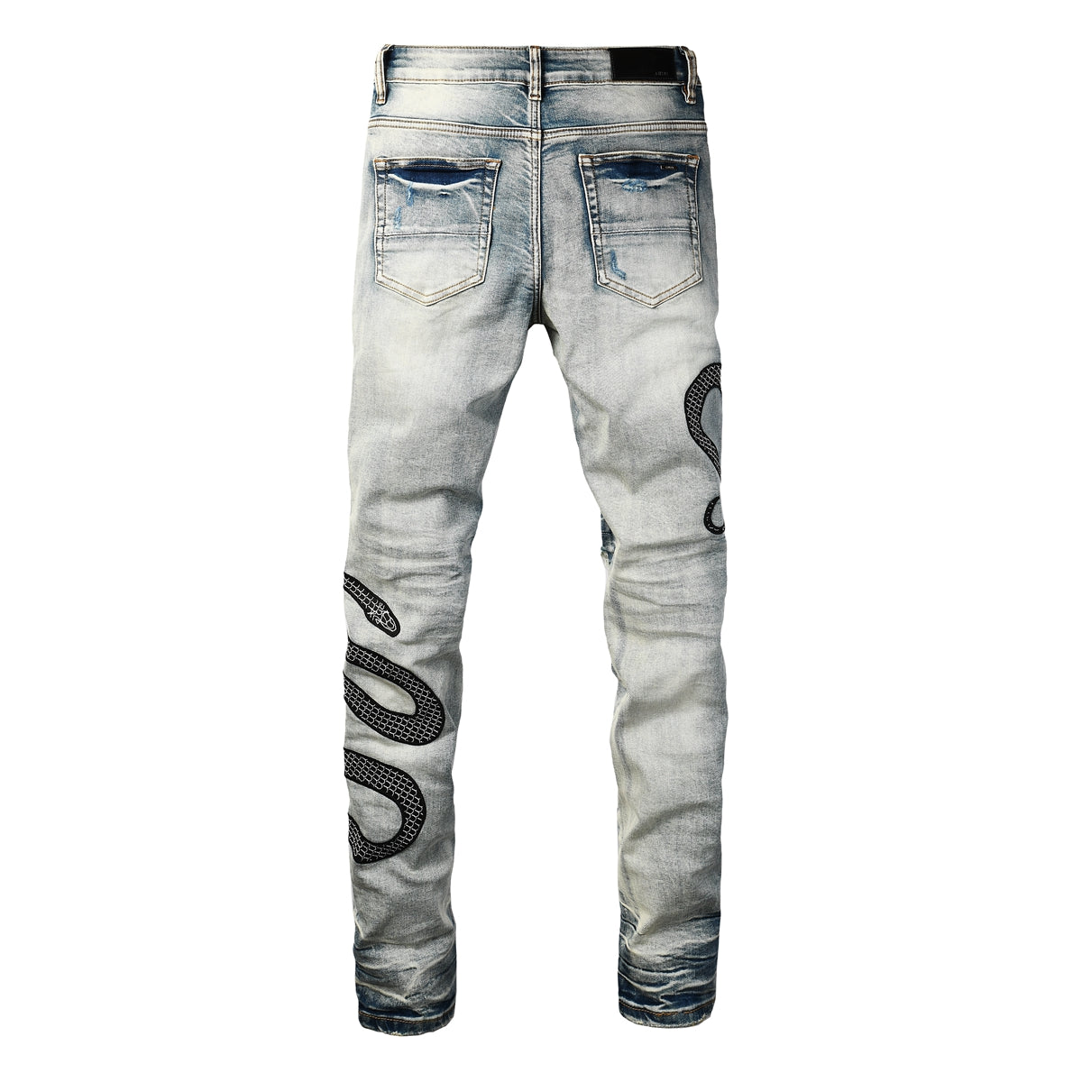 Men’s Light Wash Skinny Jeans with Black Snake Embroidery and Distressed Rips 8934