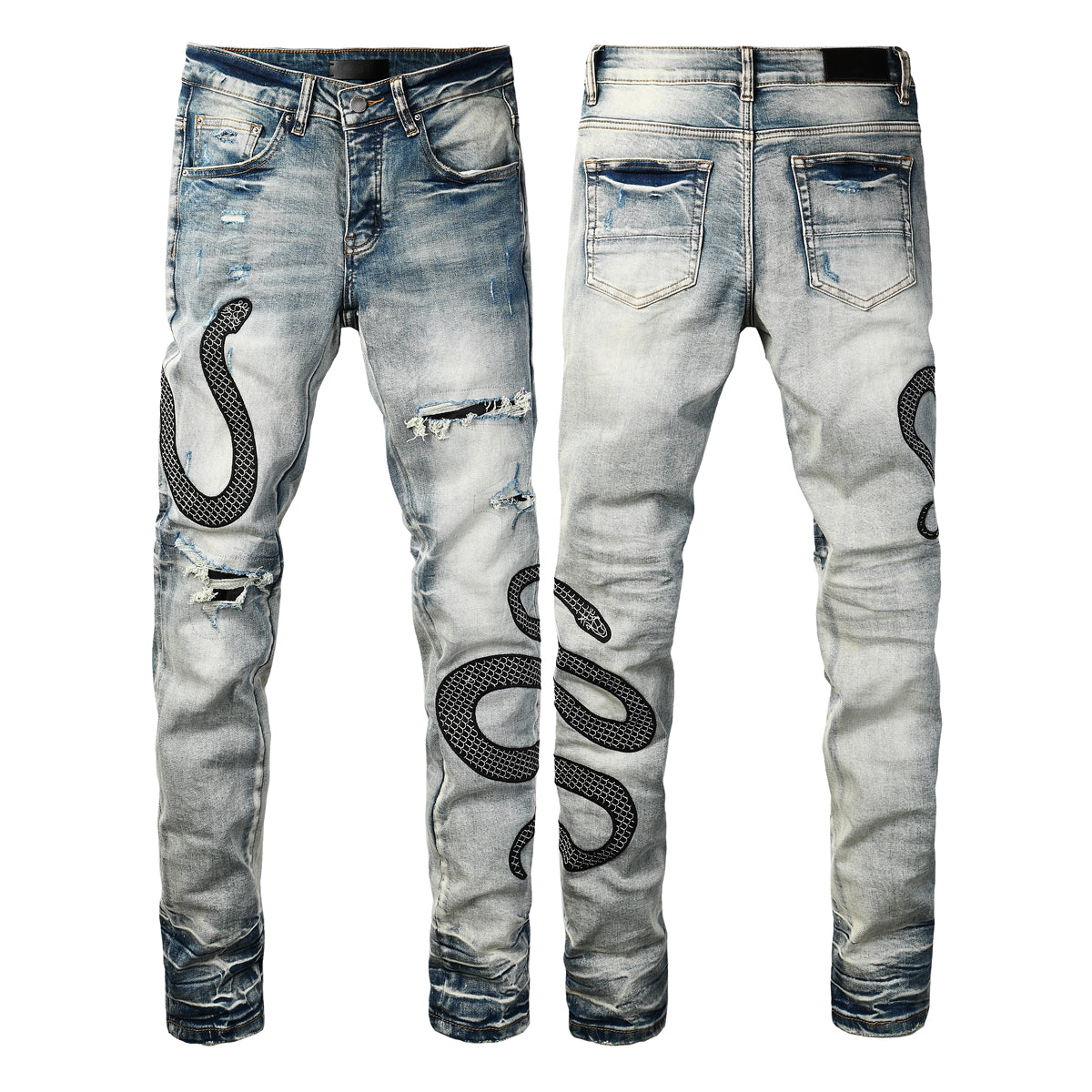 Men’s Light Wash Skinny Jeans with Black Snake Embroidery and Distressed Rips 8934