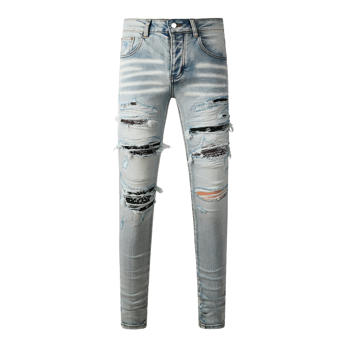 Men’s Light Wash Distressed Skinny Jeans with Letter Print Patchwork 8935
