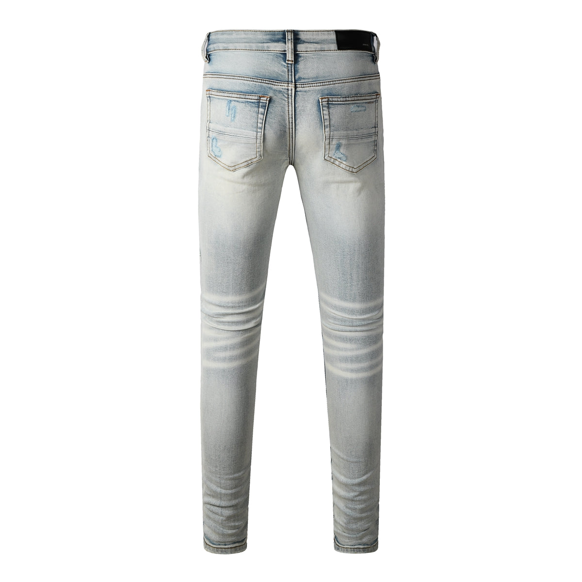 Men’s Light Wash Distressed Skinny Jeans with Letter Print Patchwork 8935