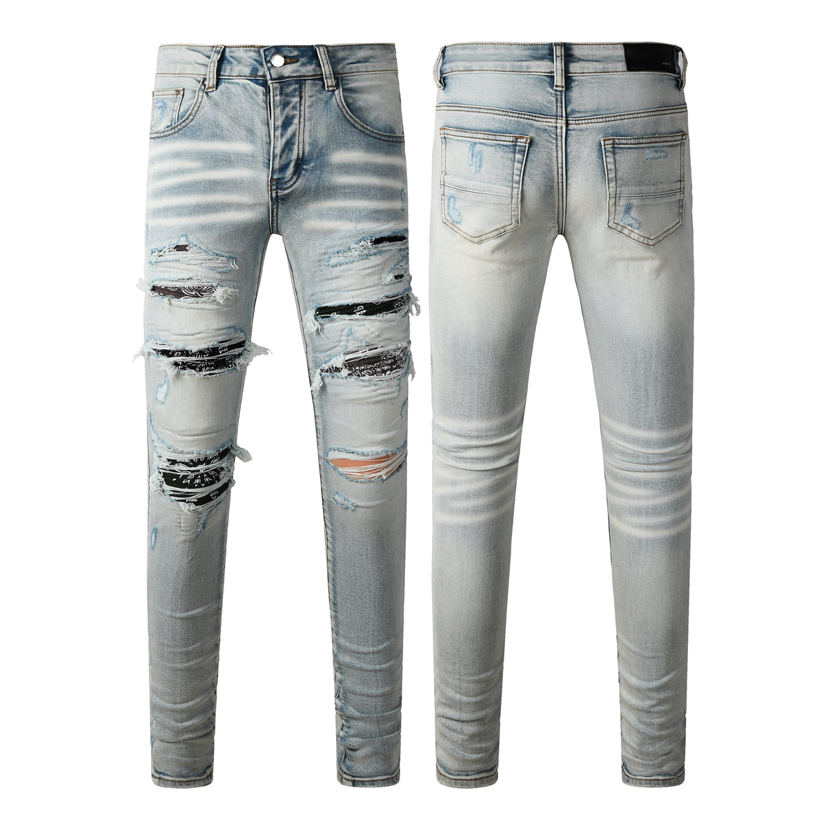 Men’s Light Wash Distressed Skinny Jeans with Letter Print Patchwork 8935