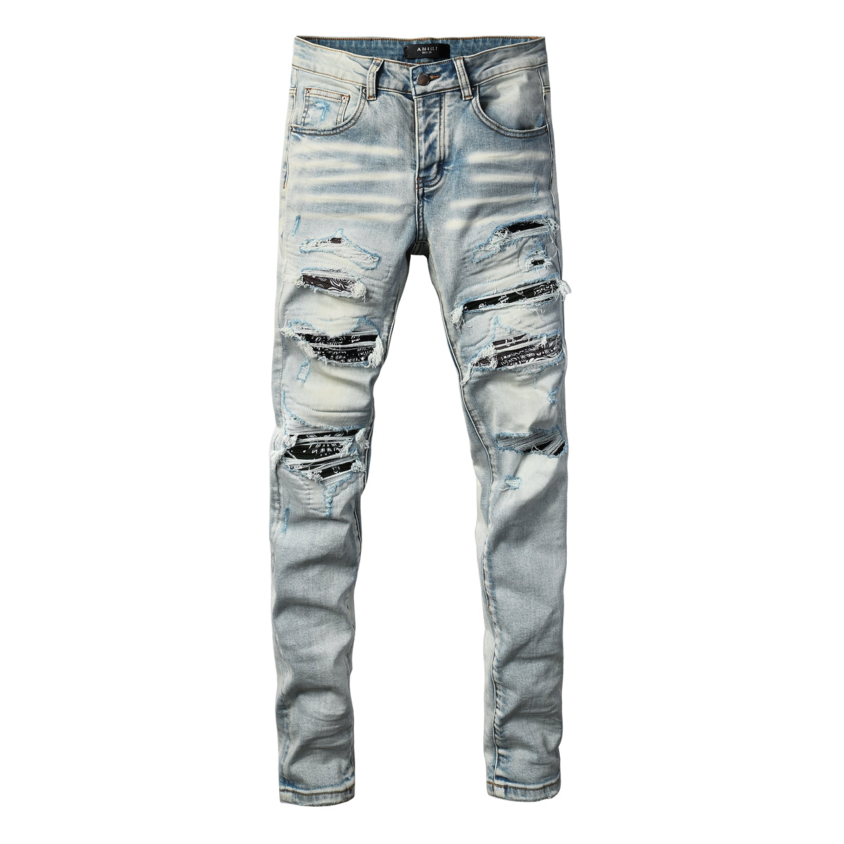 Men’s Light Wash Distressed Skinny Jeans with Letter Print Patchwork 8935