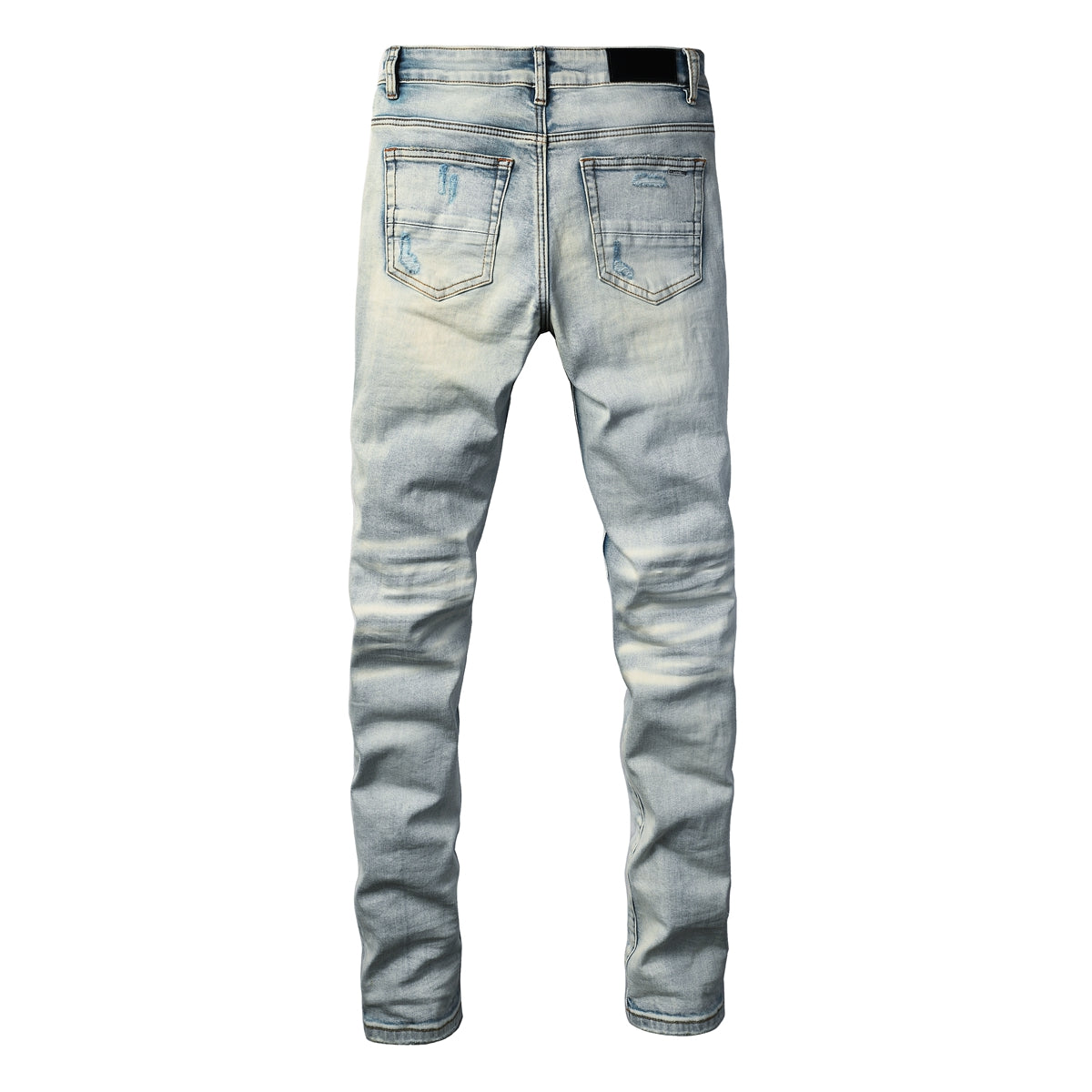 Men’s Light Wash Distressed Skinny Jeans with Letter Print Patchwork 8935