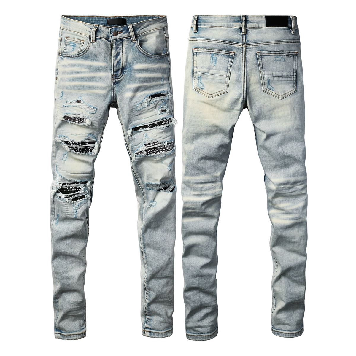 Men’s Light Wash Distressed Skinny Jeans with Letter Print Patchwork 8935