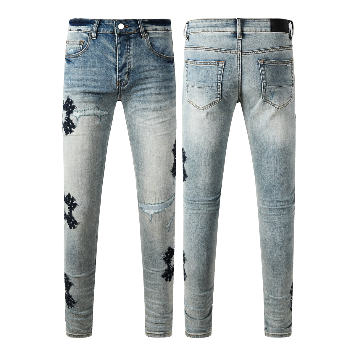 Men’s Light Blue Ripped Jeans with Cross Patch Design 8936