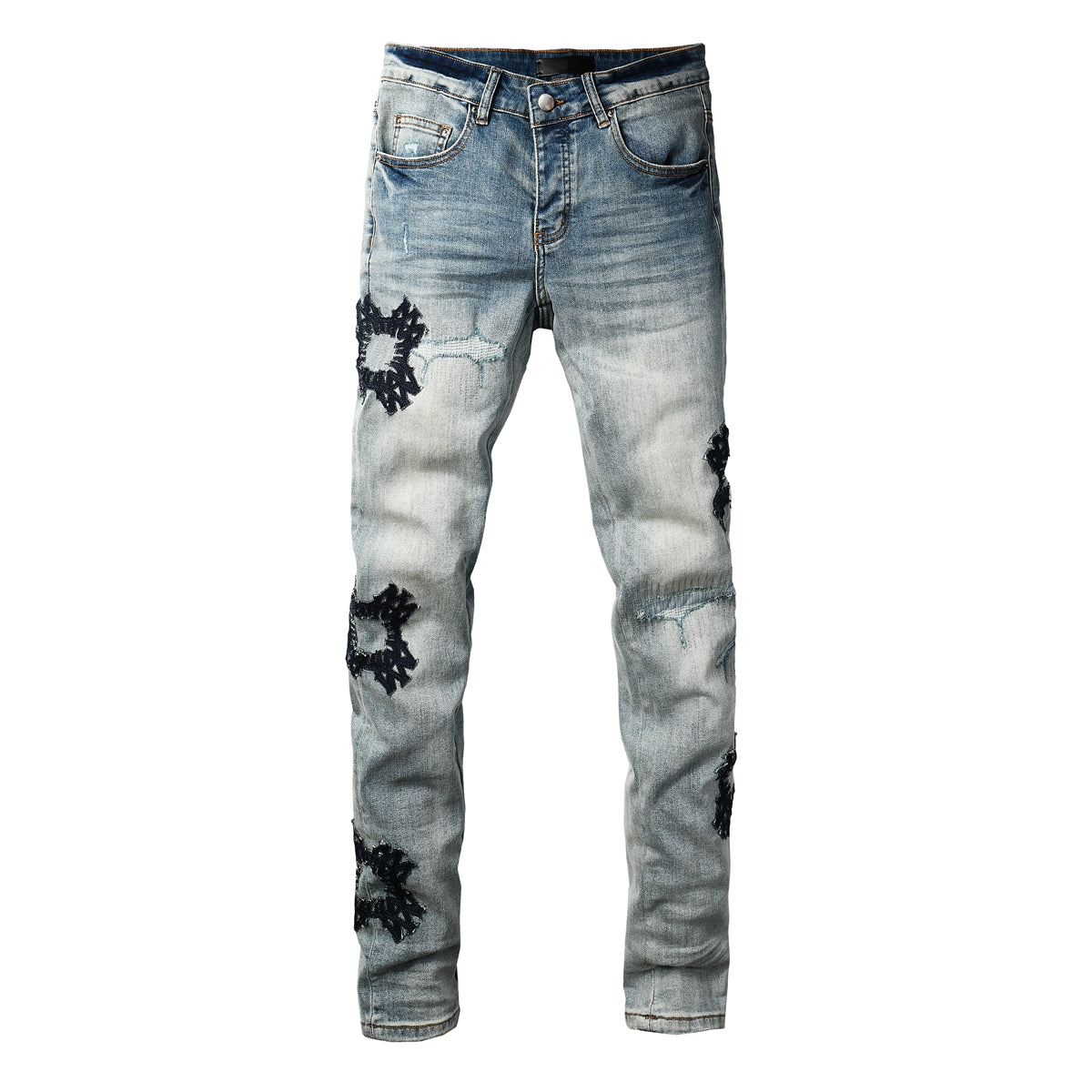 Men’s Light Blue Ripped Jeans with Cross Patch Design 8936