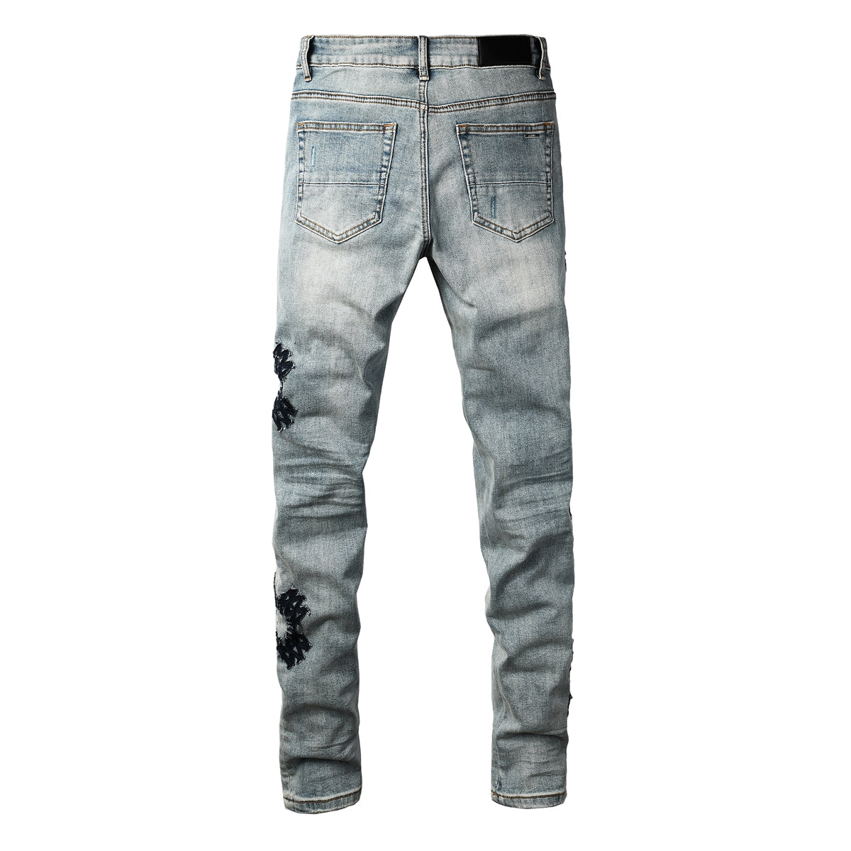 Men’s Light Blue Ripped Jeans with Cross Patch Design 8936