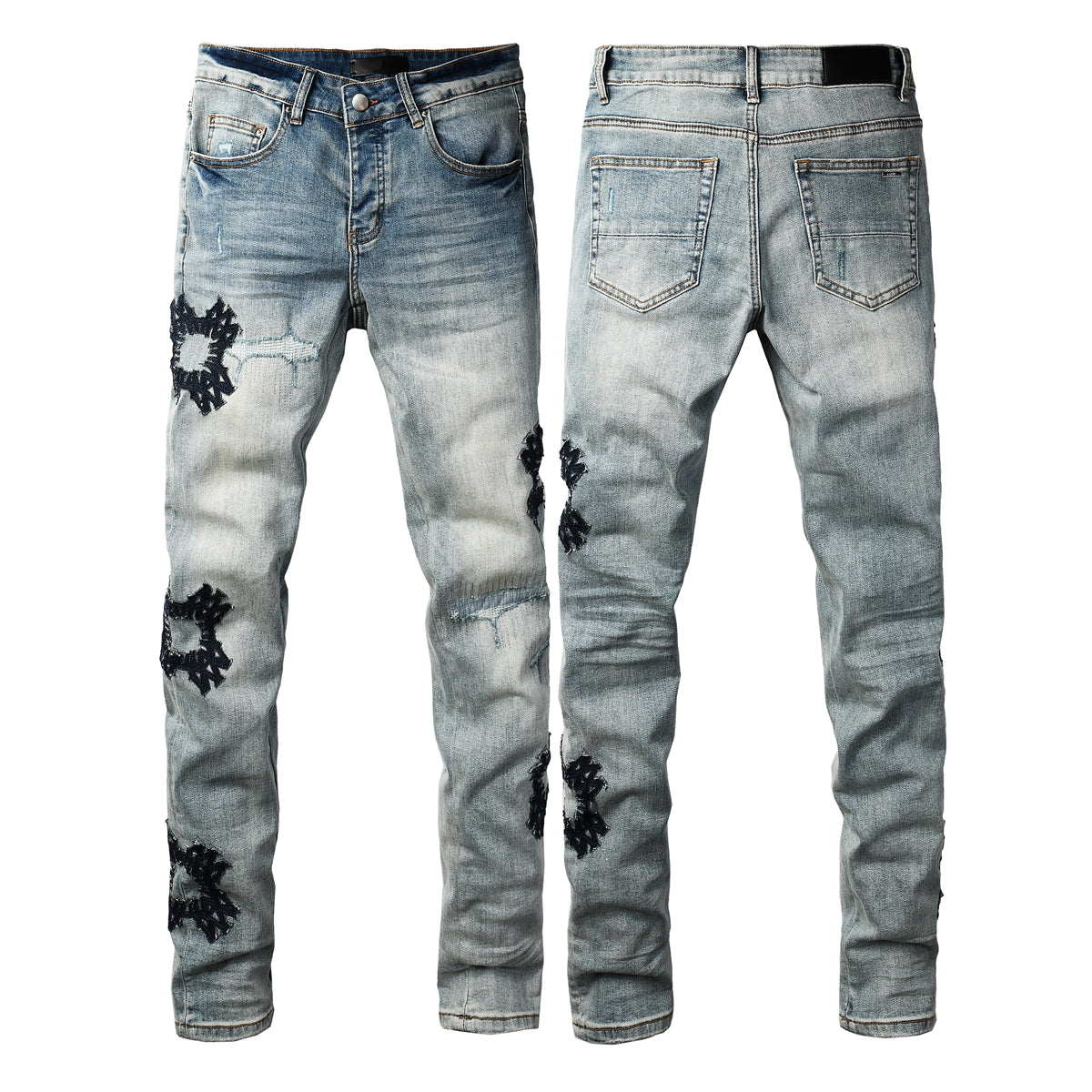 Men’s Light Blue Ripped Jeans with Cross Patch Design 8936