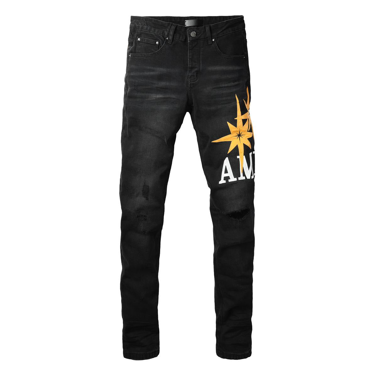 Men’s Black Skinny Jeans with Yellow Star 8937