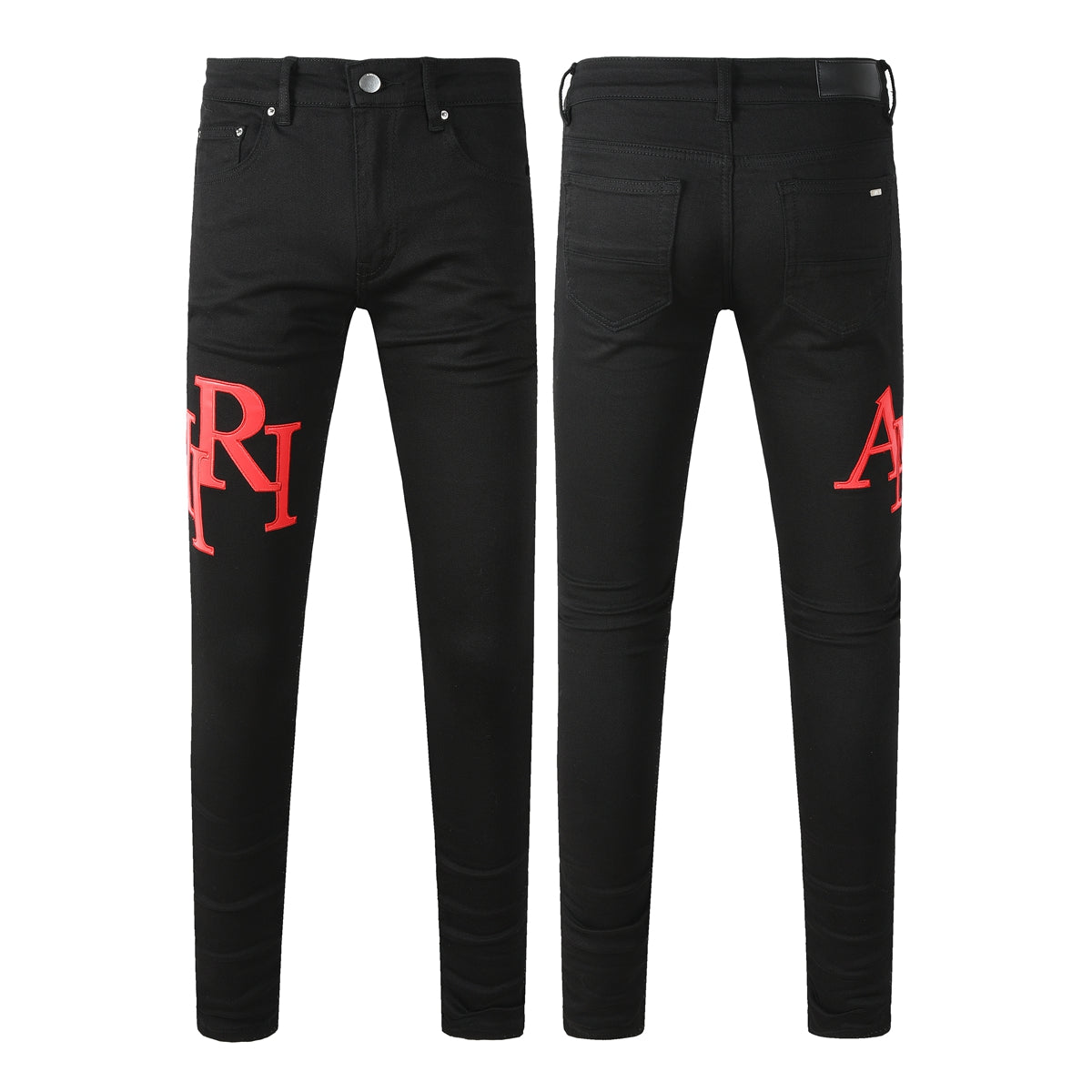 Men’s Black Skinny Jeans with Bold Red Letter Embroidery Minimal Street Style Stretch Denim Pants 893