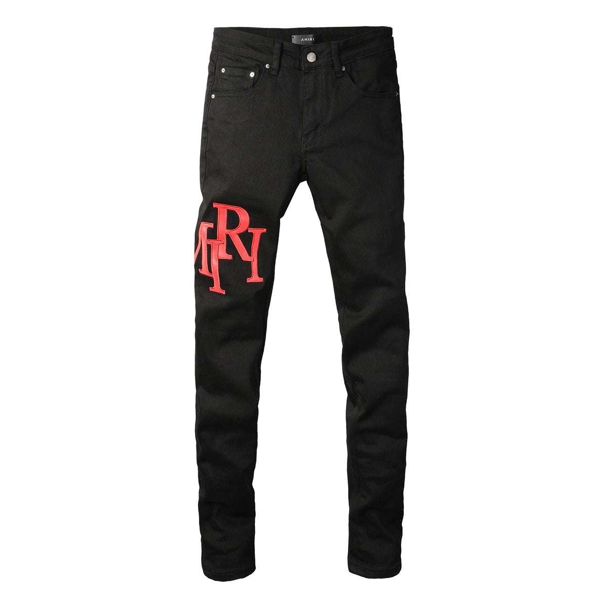 Men’s Black Skinny Jeans with Bold Red Letter Embroidery Minimal Street Style Stretch Denim Pants 893