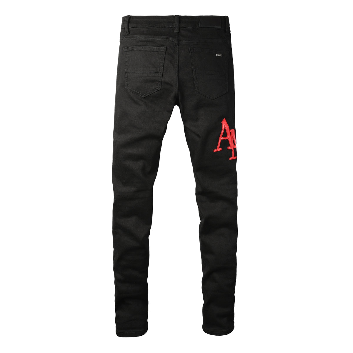 Men’s Black Skinny Jeans with Bold Red Letter Embroidery Minimal Street Style Stretch Denim Pants 893