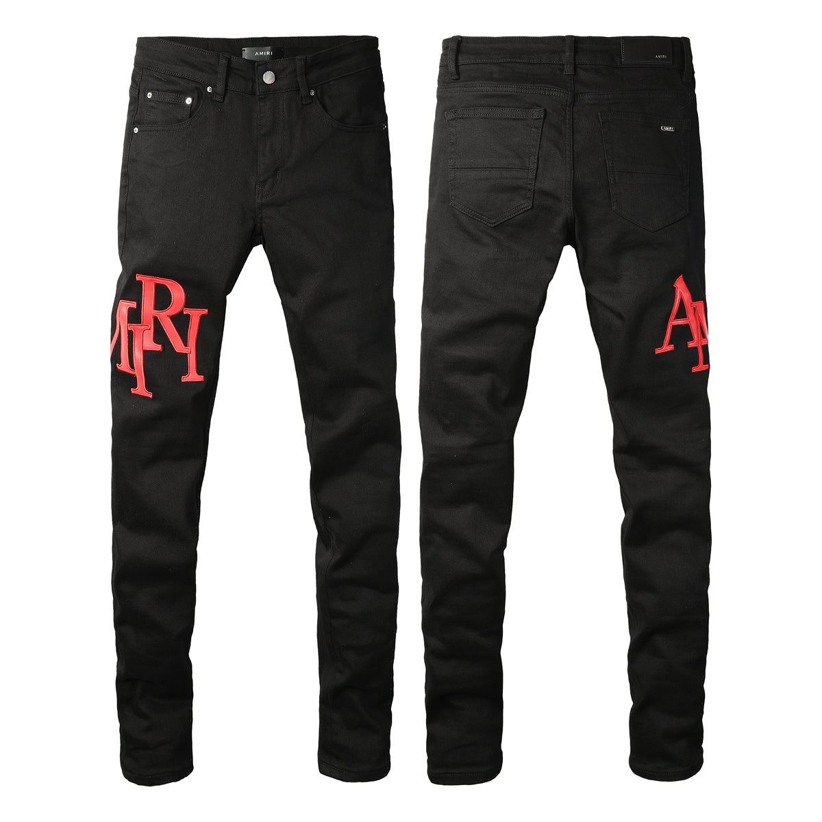 Men’s Black Skinny Jeans with Bold Red Letter Embroidery Minimal Street Style Stretch Denim Pants 893