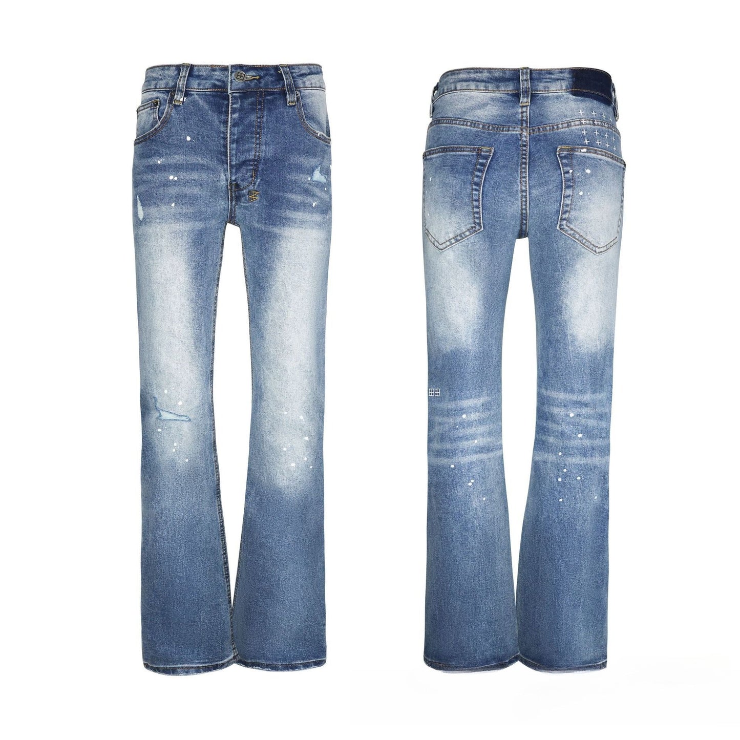 Men's Blue Flare Jeans - Vintage Stonewashed Denim with Artistic White Paint Drops