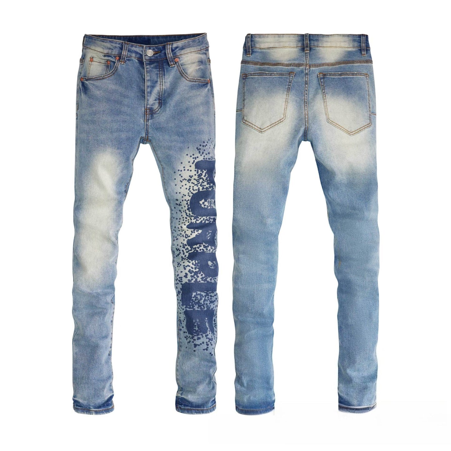 Cool Blue Spray Effect Ripped Flare Jeans - Distressed Wide Leg with Bold Lettering