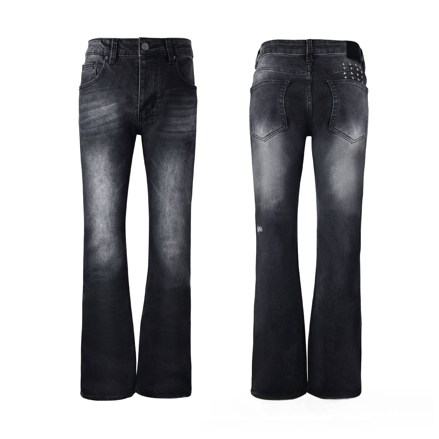Premium Charcoal Black Denim - Iconic Cross Embroidery Detail with Rugged Aged Finish