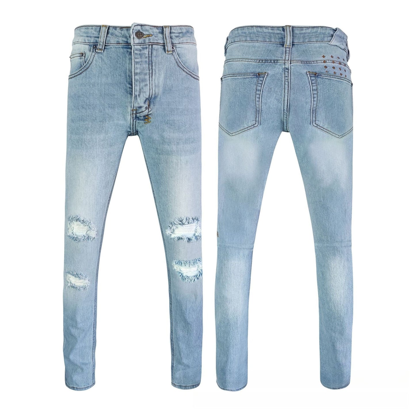 Men’s Light Wash Denim Jeans – Distressed Vintage Slim Fit Casual Pants