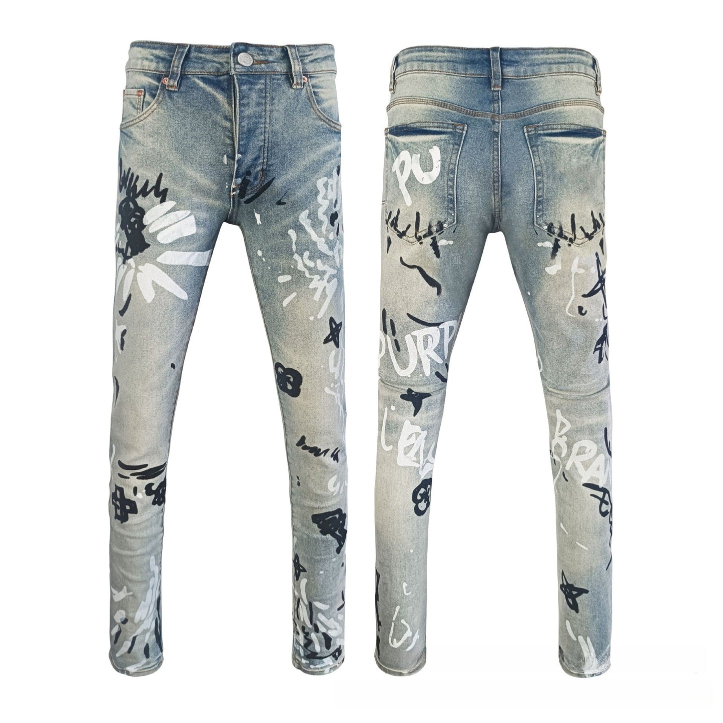 Men's Light Blue Slim Jeans - Artistic Hand-Painted Graffiti & Daisy Flower Graphic