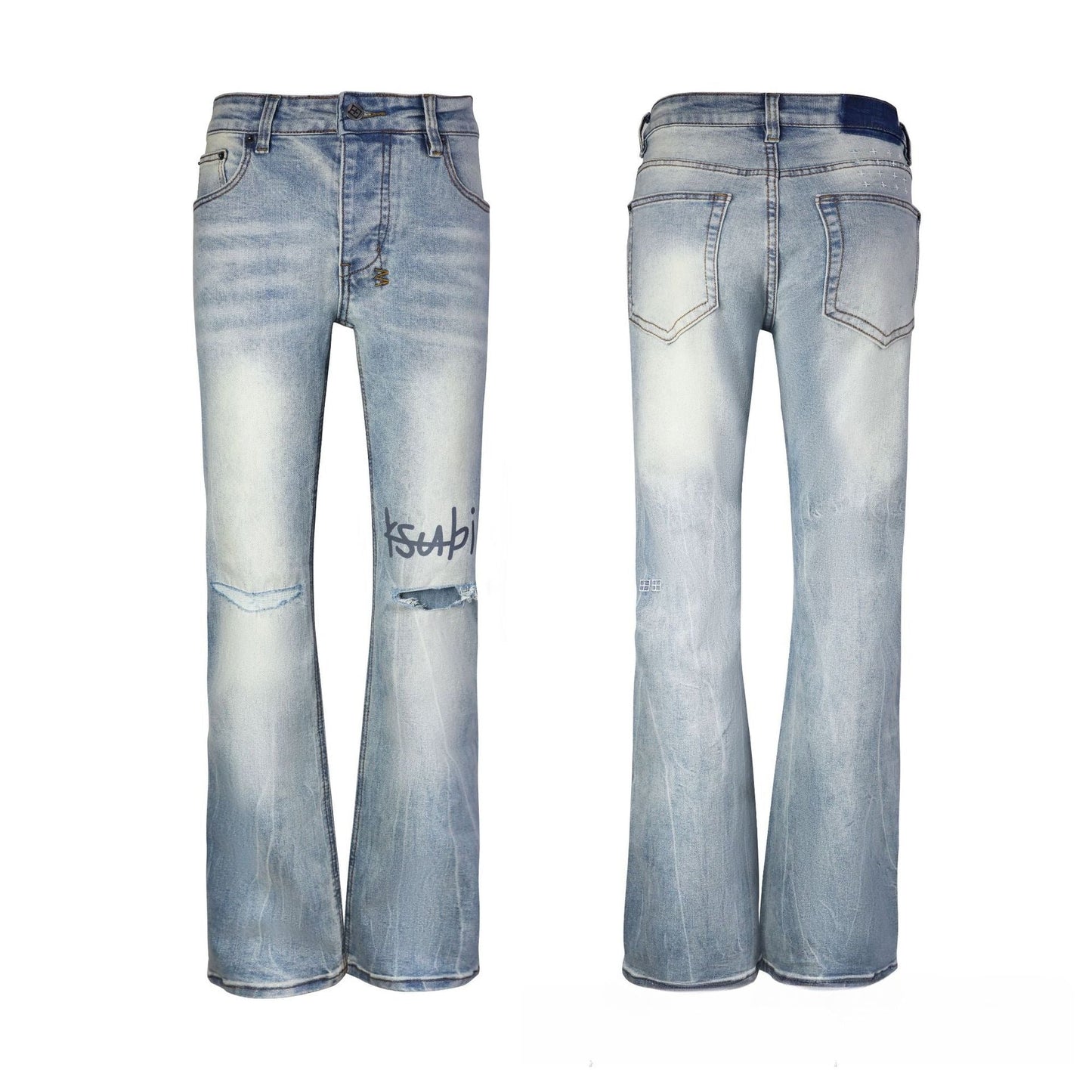Men's Light Blue Flare Jeans - Minimalist Bleached Wash Denim with Subtle Whisker Texture