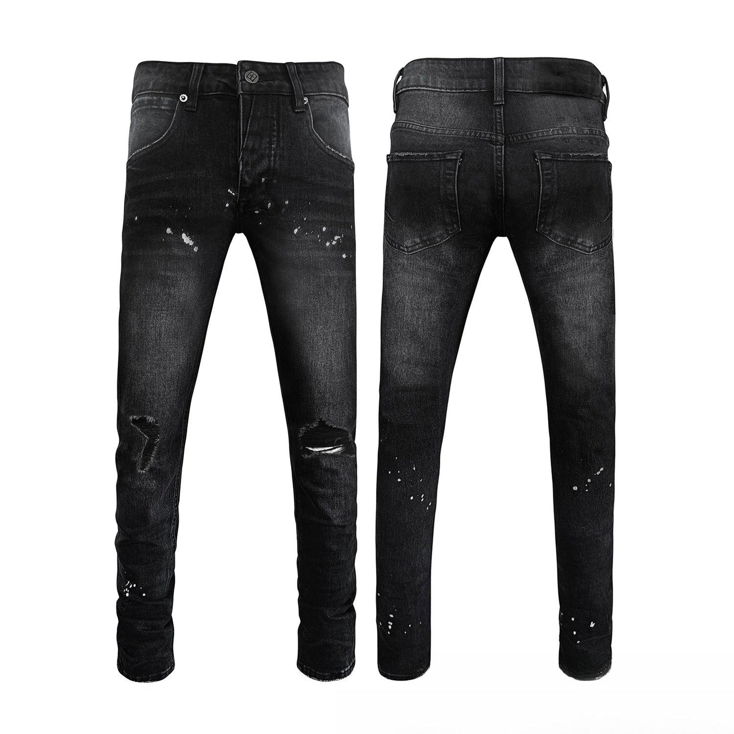 Men's High Street Solid Black Slim Jeans - Heavily Distressed Denim with Multiple Knee Rips