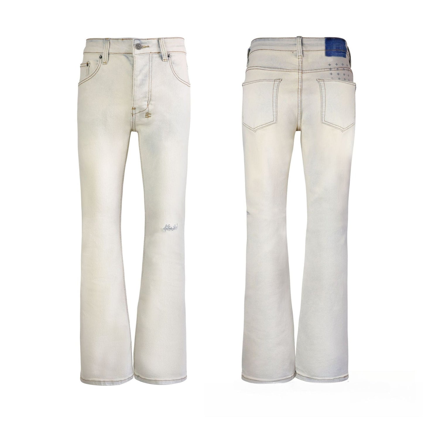 Modern Beige Flare Fit Denim - Avant-Garde Waxed Finish with Vintage Crinkle Texture