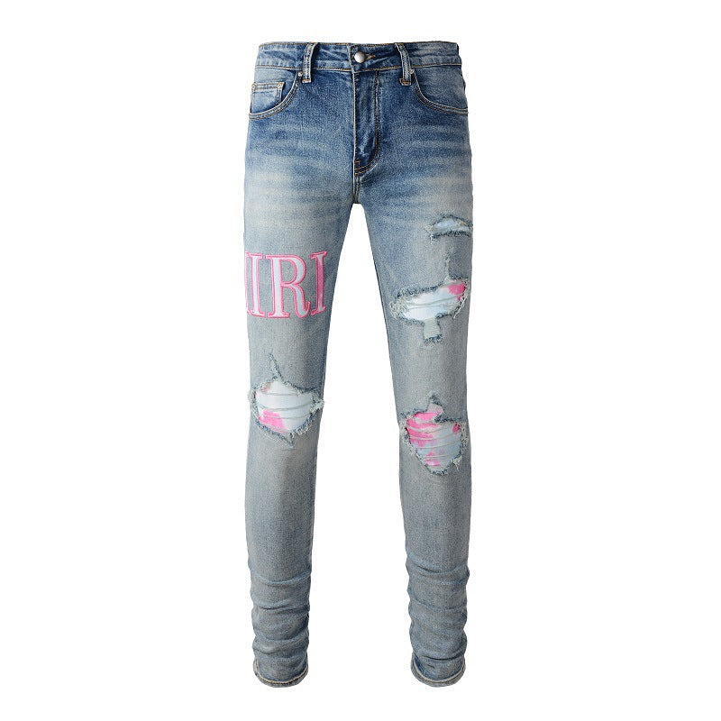 Pantalones vaqueros de estilo europeo y americano de estilo urbano para hombre, con parches rotos, ajustados y finos, para pies pequeños, n.° 1316