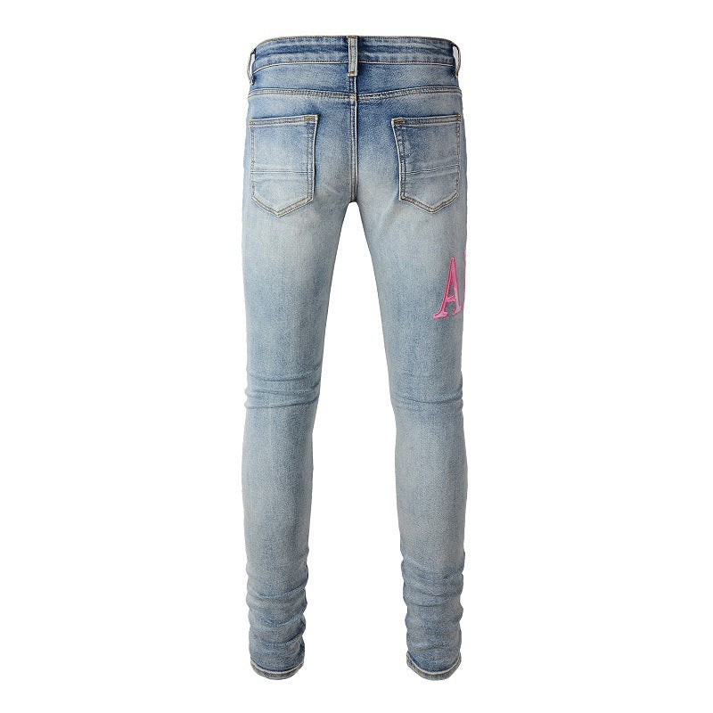 Pantalones vaqueros de estilo europeo y americano de estilo urbano para hombre, con parches rotos, ajustados y finos, para pies pequeños, n.° 1316