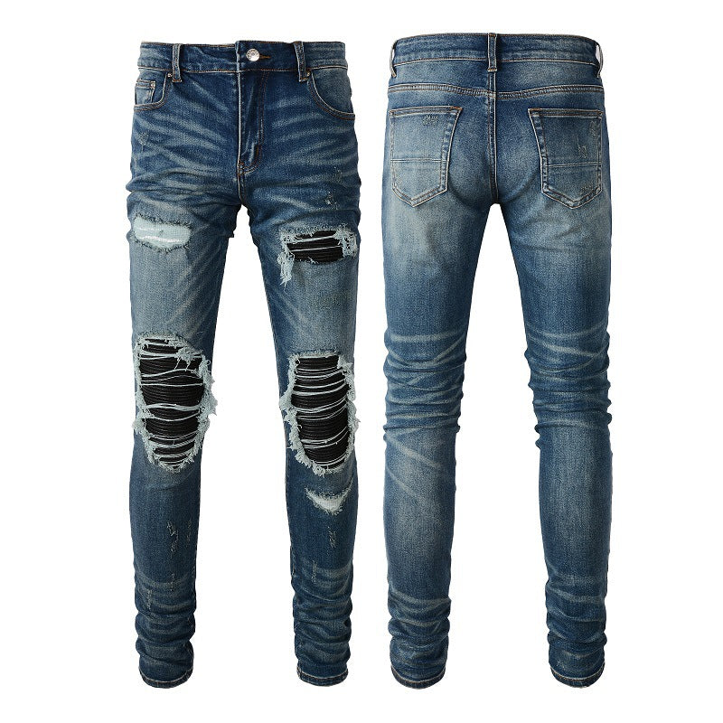 High Street Trend Jeans Trendy Men's Ripped Patch Beggar Jeans 6612