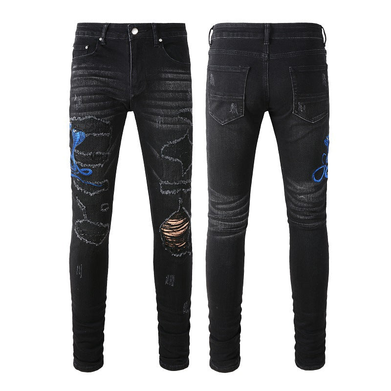 Pantalones vaqueros de talla grande personalizados para hombre con bordado de tendencia callejera, parche A, de corte pequeño, n.° 1345