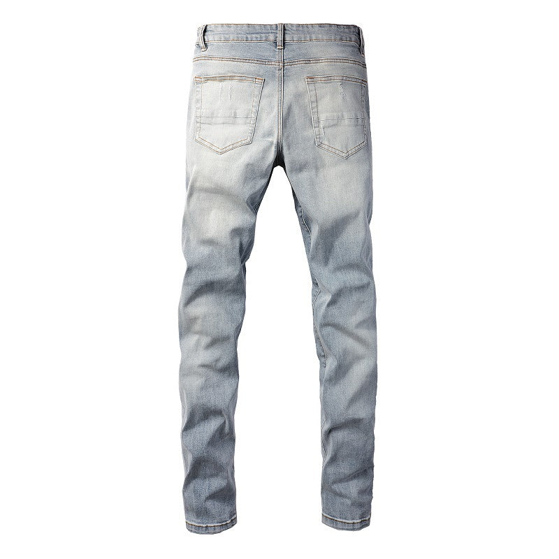 6667 Jeans High Street Trendy Brand Ripped Hole Patch Jeans rétro élastiques pour hommes