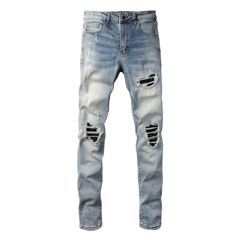 6667 Jeans High Street Trendy Brand Ripped Hole Patch Jeans rétro élastiques pour hommes