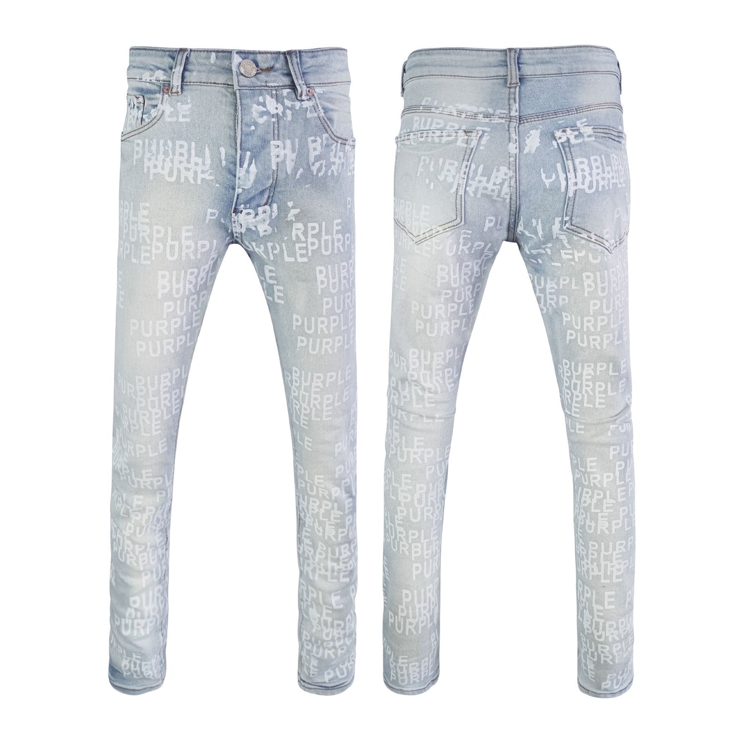 Men's Light Blue Slim-Fit Jeans - White Letter Print | Streetwear Denim
