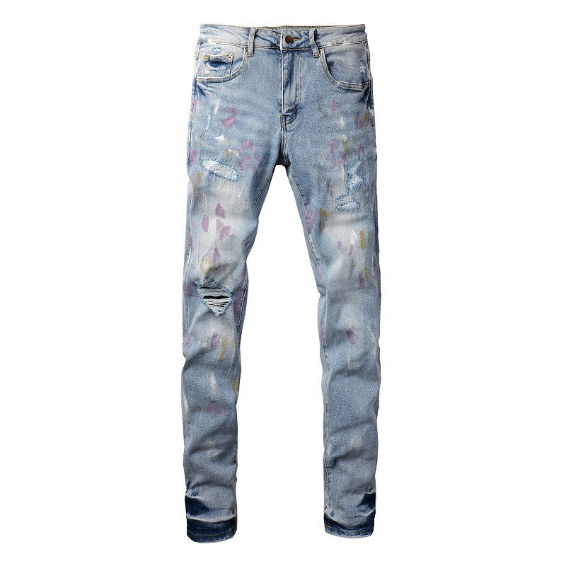 Jeans de marque tendance, jeans déchirés avec éclaboussures d'encre colorées, jeans slim élastiques #6901