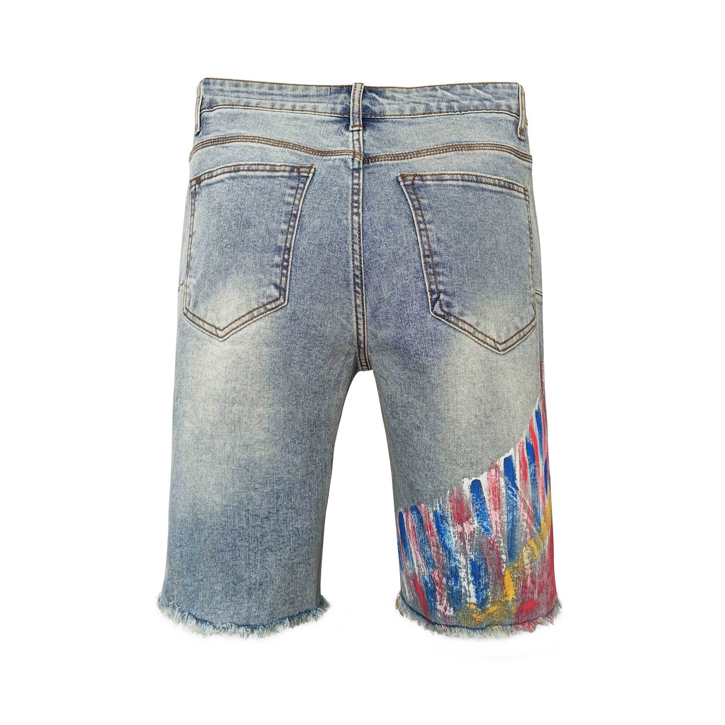 Urban Style Light Blue Denim Jorts - Bold Hand-painted Graphic & Fringed Cuffs