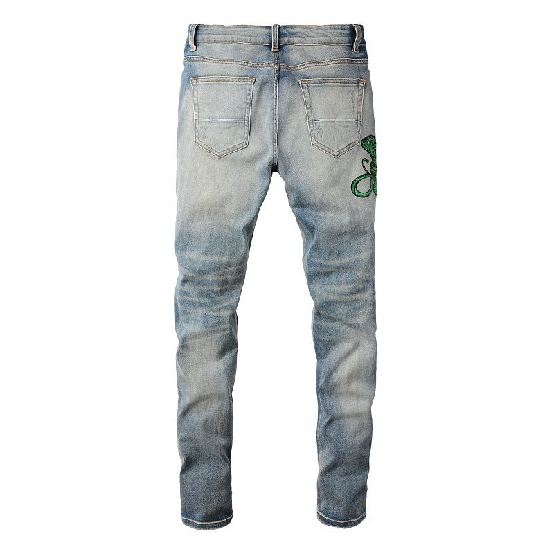 6561 Tide Embroidered Cobra Ripped Patch Jeans Stretch Slim High Street Jeans
