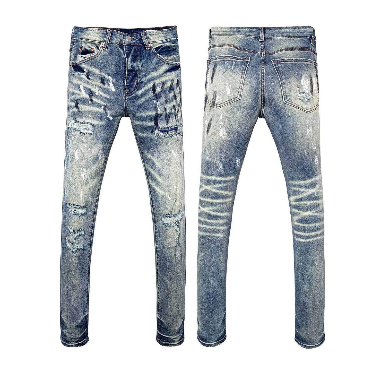 Men's Heavy Washed Slim Jeans - Distressed Denim with Black Graffiti Strokes & Bold Whiskers