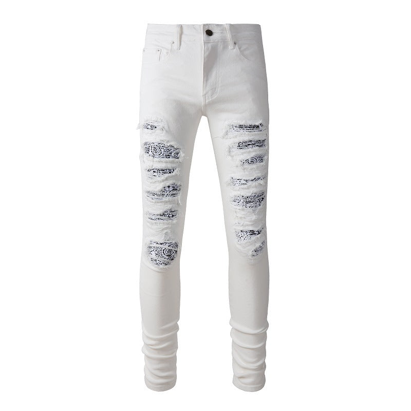 Pantalon décontracté en denim blanc coupe slim élastique déchiré High Street #843